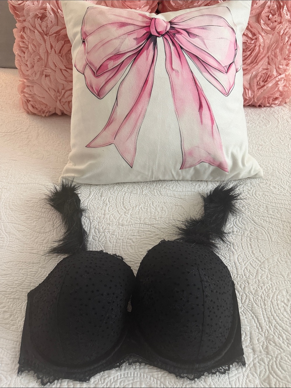 Victoria's Secret Black Swiss Dot Lace Demi Bra with Faux Fur Straps